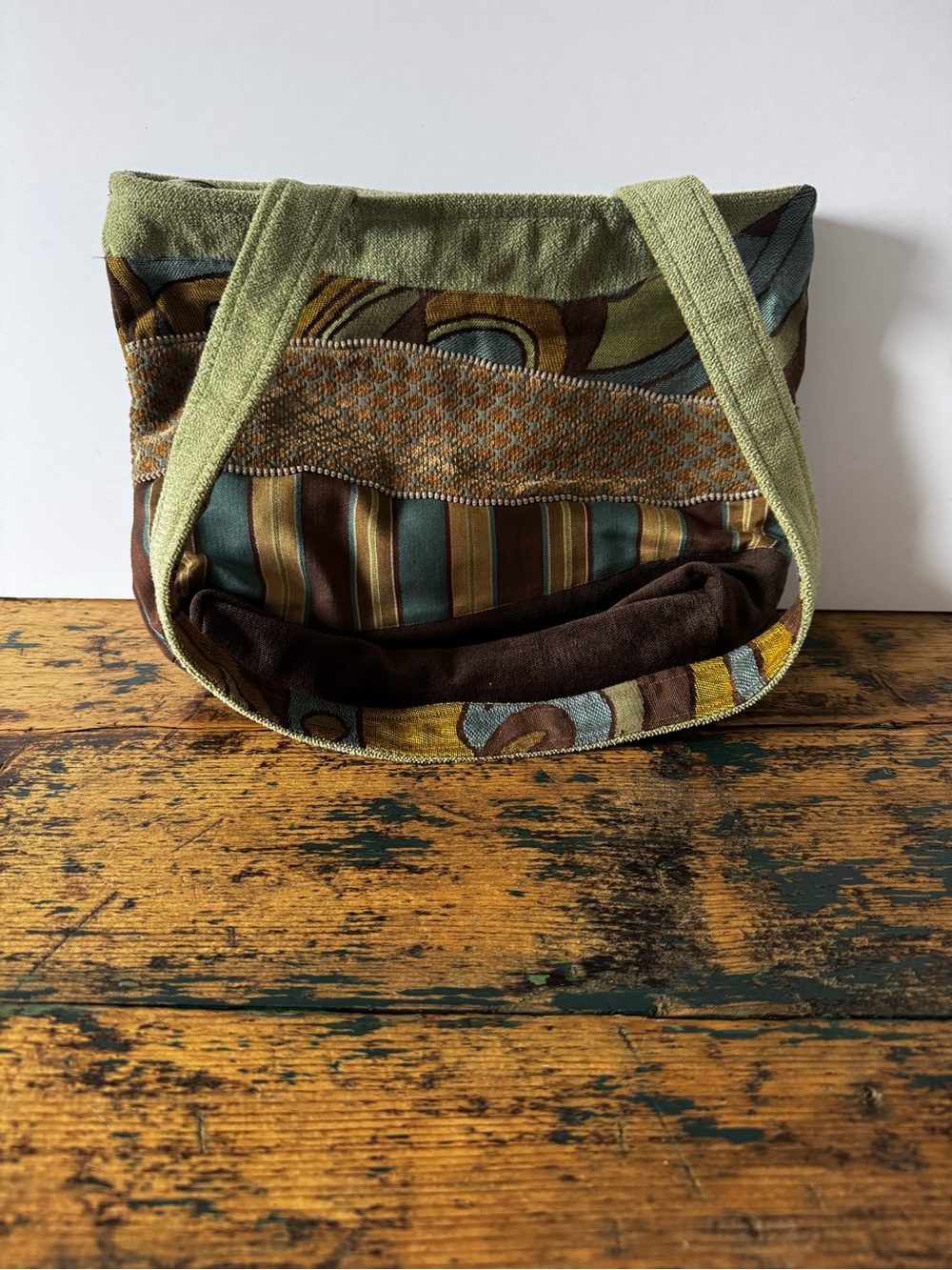 Canvas Patchwork Shoulder Bag in Olive, Brown & Teal